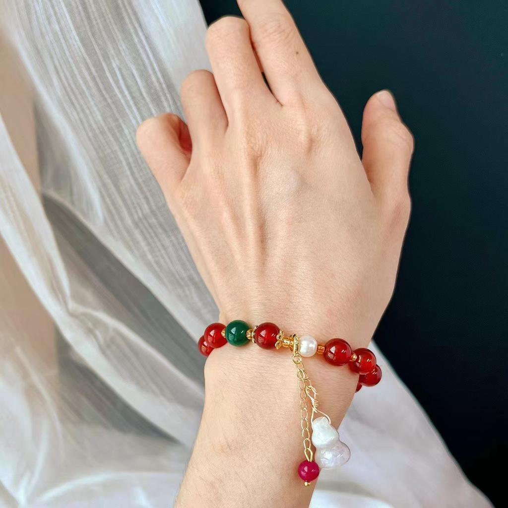 Retro New Year'S Red Natural Agate Chalcedony Single Ring Bracelet Simple Jewelry Gift Bracelet