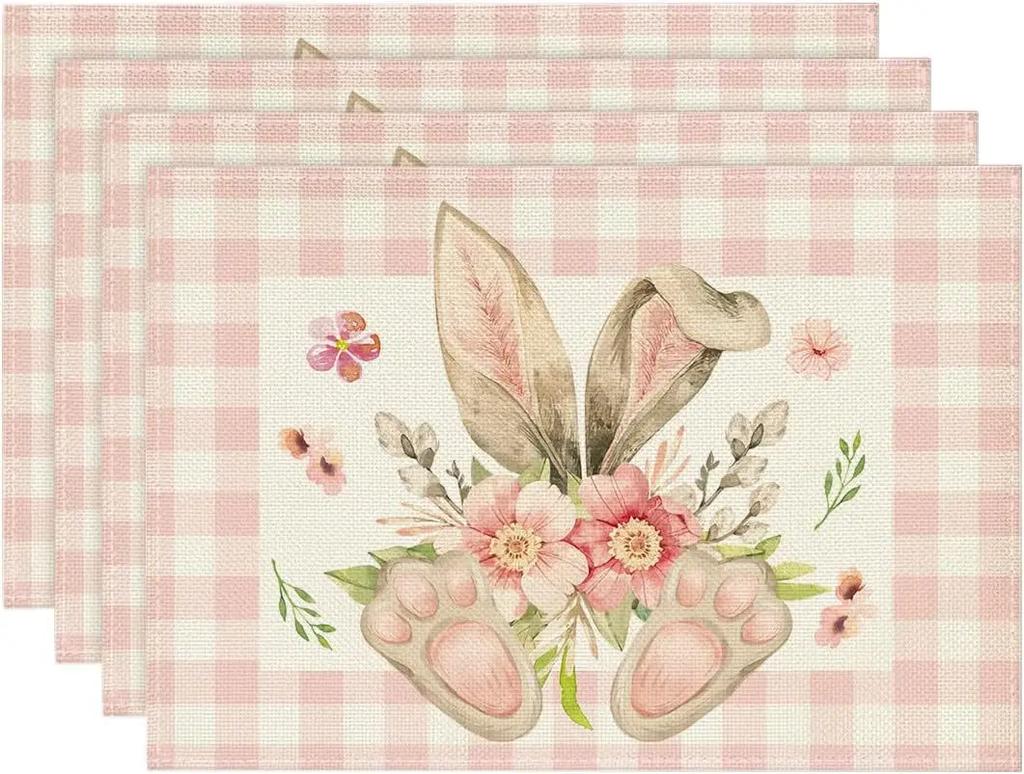 1PC Easter Placemats Buffalo Plaid, Bunny Ear Foot, Flower,Seasonal Table Mats for Party, Kitchen, Dining Decor