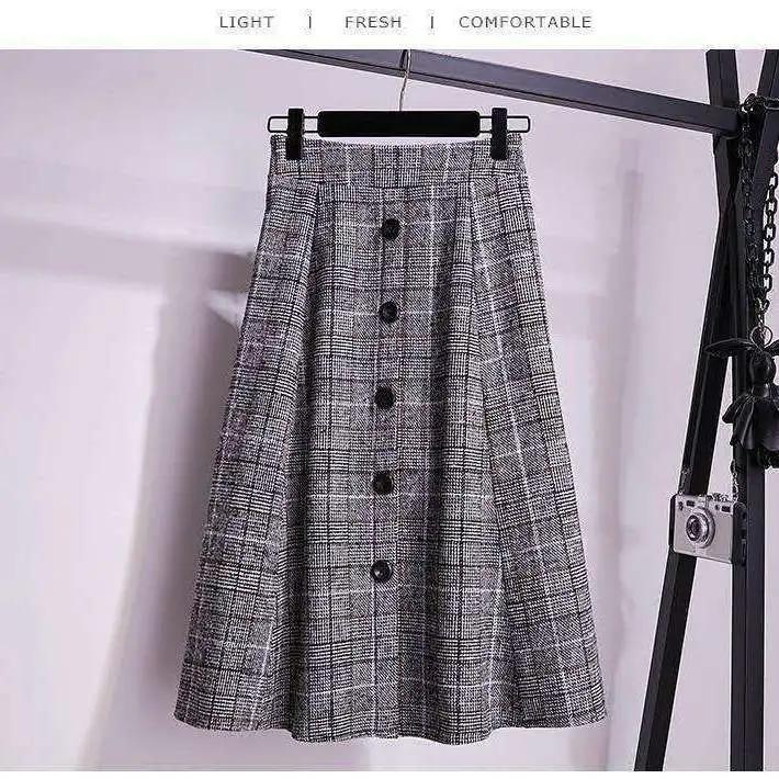 Women s Fall/Winter Elastic Waist Mid-Length A-Line Skirt Ladies Elegant Woolen Plaid Skirt XXS серый
