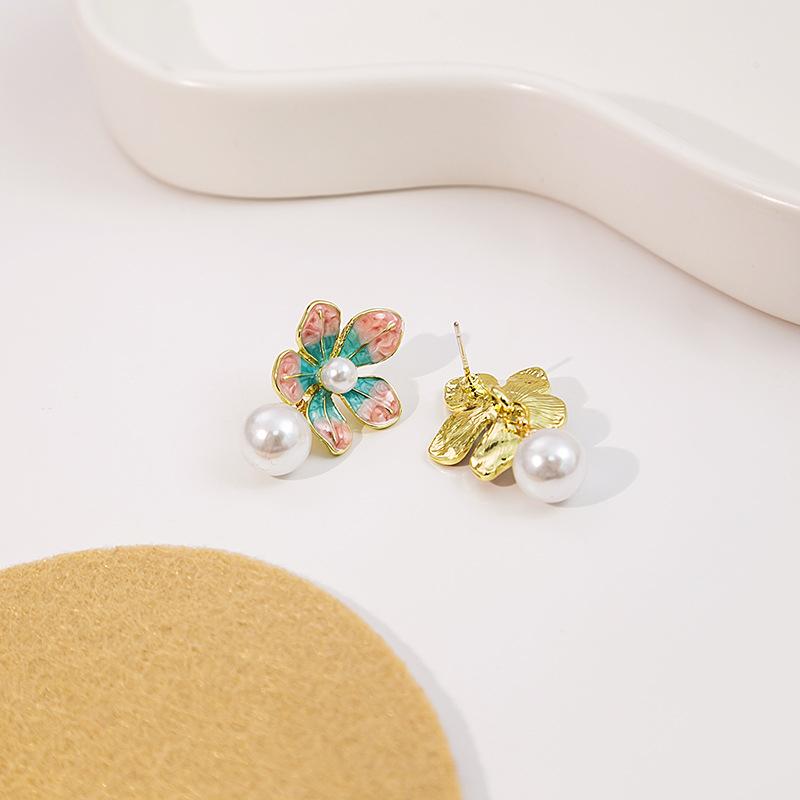 Pink Green Flower Dangle Earrings Imitation Pearl Ball Pendants Lovely Cute Plant Element Enamel Colorful Hanging Earrings