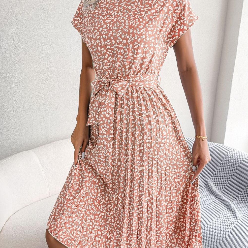 Damen Frühling Sommer Kurzarm Hohe Taille Schickes Kleid Mode Blumenmuster Plissee A-Linie Langes Kleid