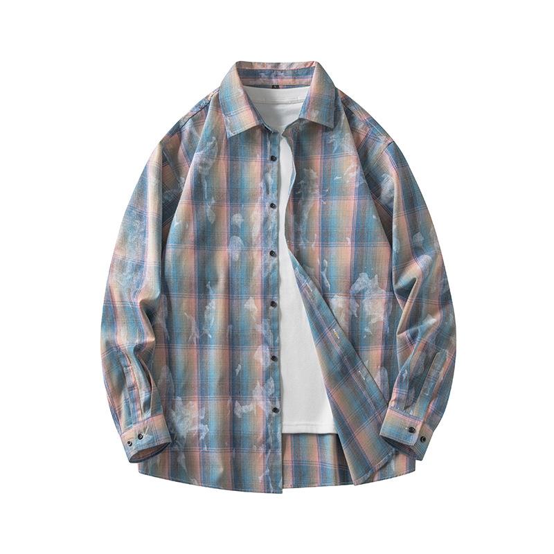 Tie-dye plaid long-sleeved shirts for men and women, autumn new trendy Hong Kong style casual jackets, youth tops