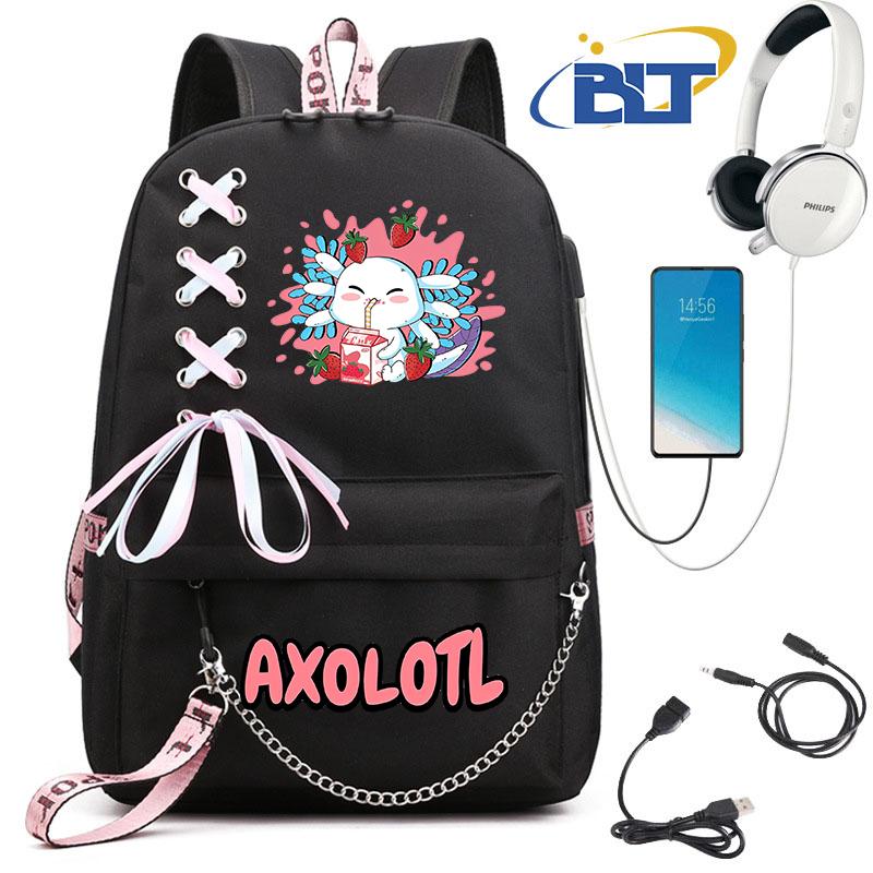 Cute Axolotl Printed Student Schoolbag for Girls Black Backpack Usb Kids Casual Bag Back To School Gift