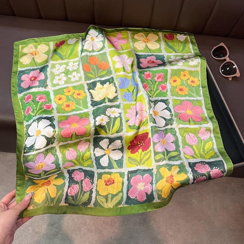 Vintage French Style Oil Painting Flower Silk Scarf Elegant Women Neck Scarf