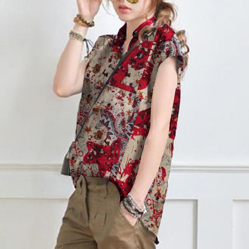 Women Casual Turn Down Collar Short Sleeve Print Cotton Blouse