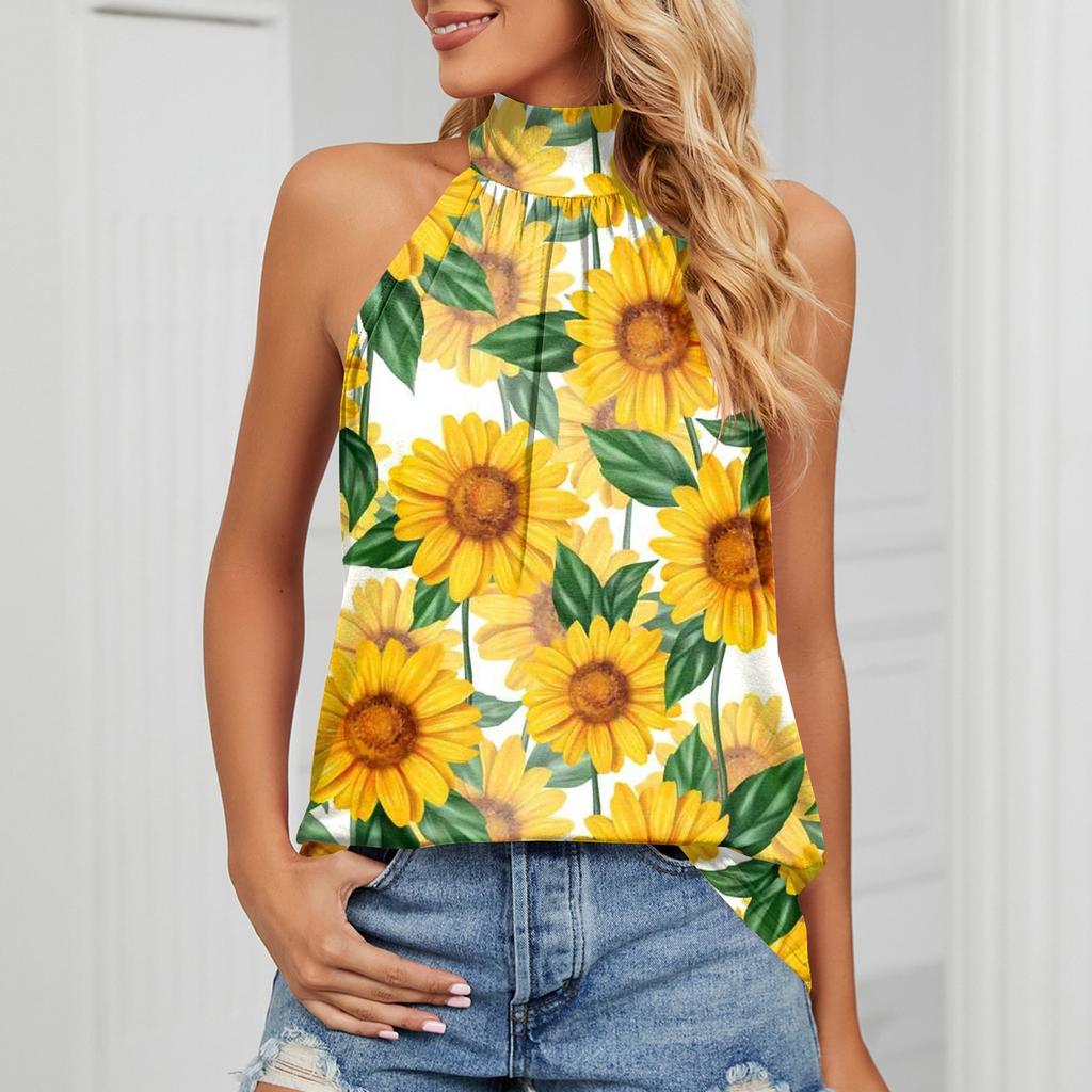 Women's Sexy Round Neck Pleated Vintage Flower Print Sleeveless Strappy Tank T-Shirt Tops