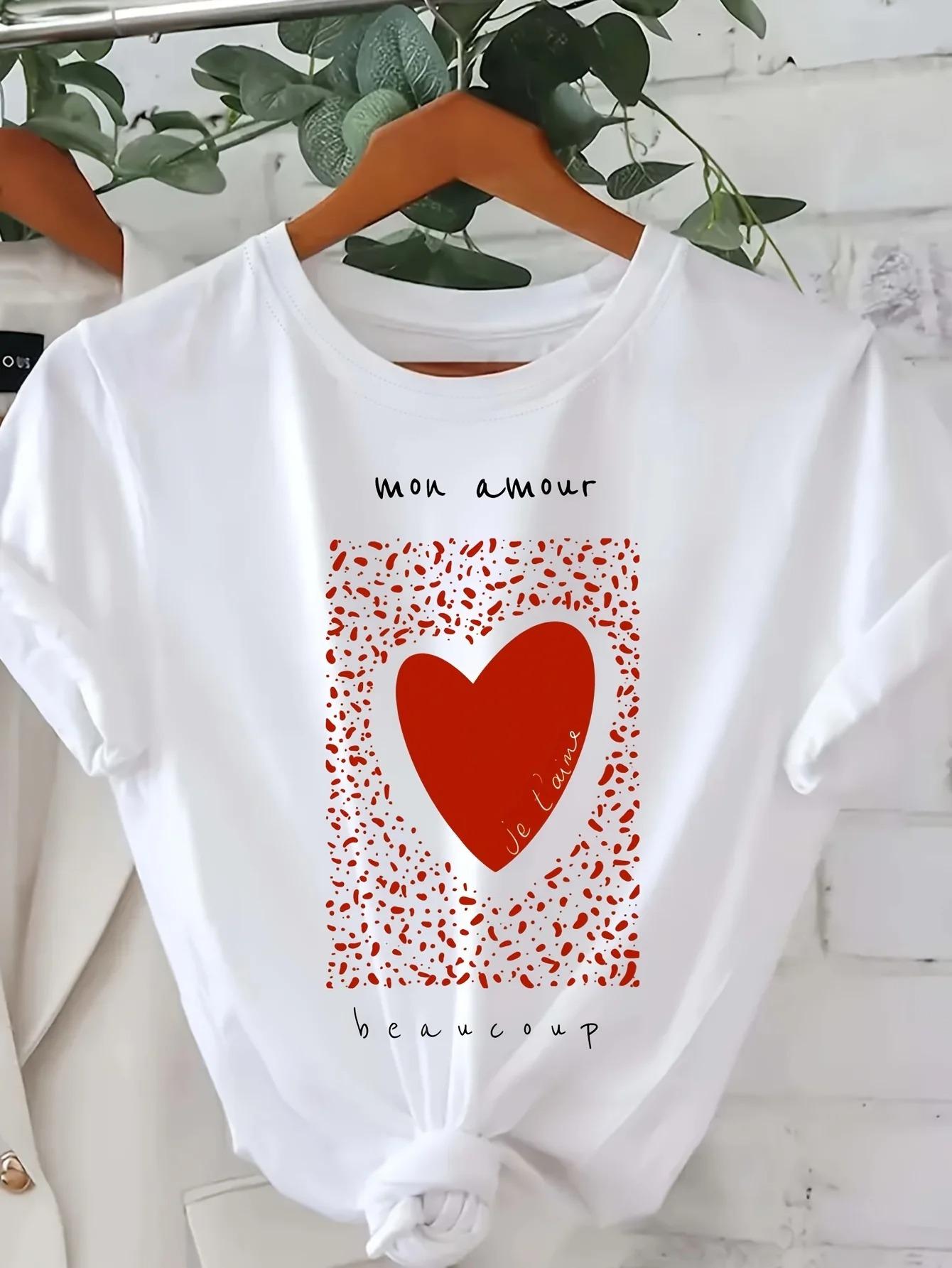 

Red Heart Print Simple Tshirt Womens Casual Top Roundneck Shortsleeve Comfortable Tops Summer Commuter Womens Wear Tshirt 4XL