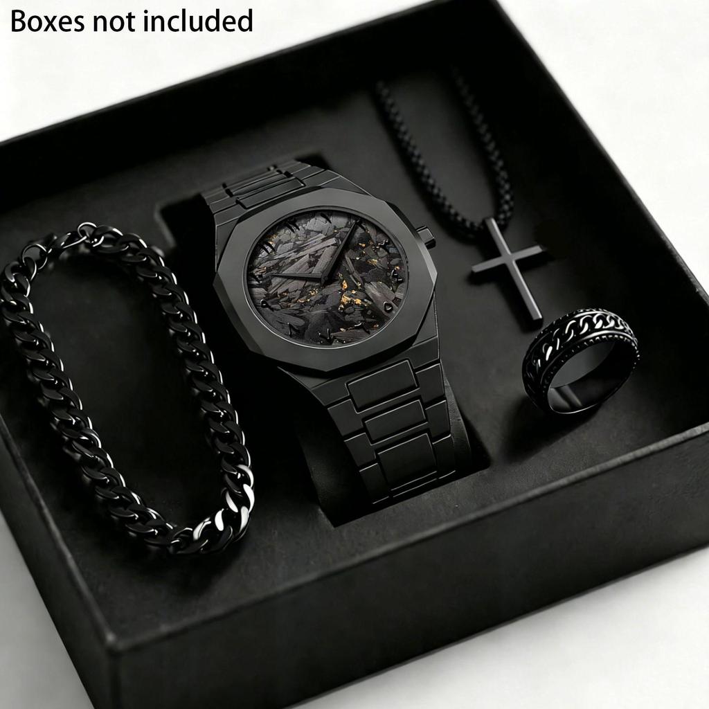 Temu Stylish Black Quartz Watch & Jewelry Gift Set: Watch, Bracelet, Ring, Necklace