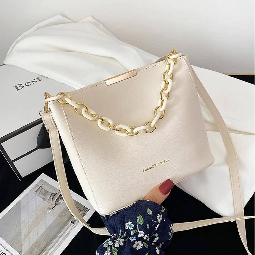 Umhängetasche aus Leder und PU mit Kettenriemen für Damen, Umhängetaschen für Damen, tragbare Beuteltasche, einfache Kuriertaschen