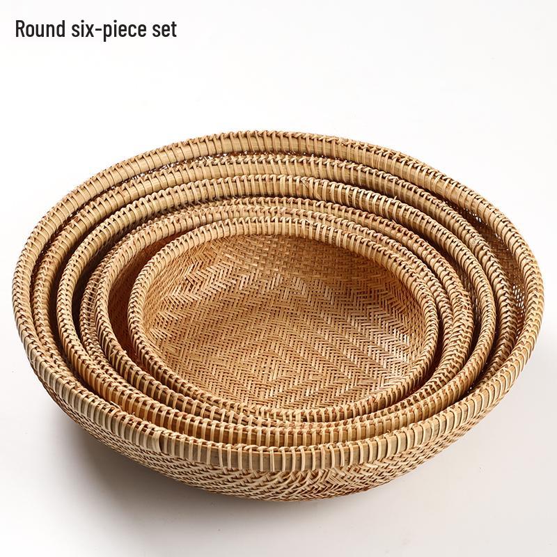 Handmade Bamboo Woven Basket for Fruits and Snacks - Round Living Room Storage Tray