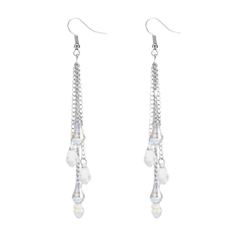 Elegant Water Droplets White Zircon Stones Earrings Luxury Fashion Silver Color Metal Chain Long Dangle Earrings Jewelry