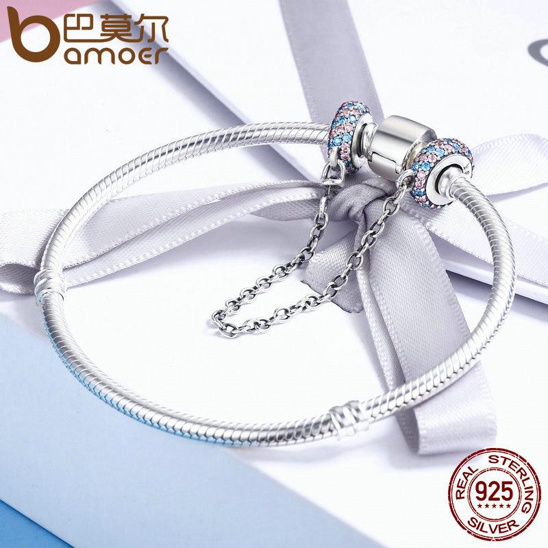 Brățară cu lanț rotund de siguranță BAMOER, 100% argint 925, roz și albastru CZ