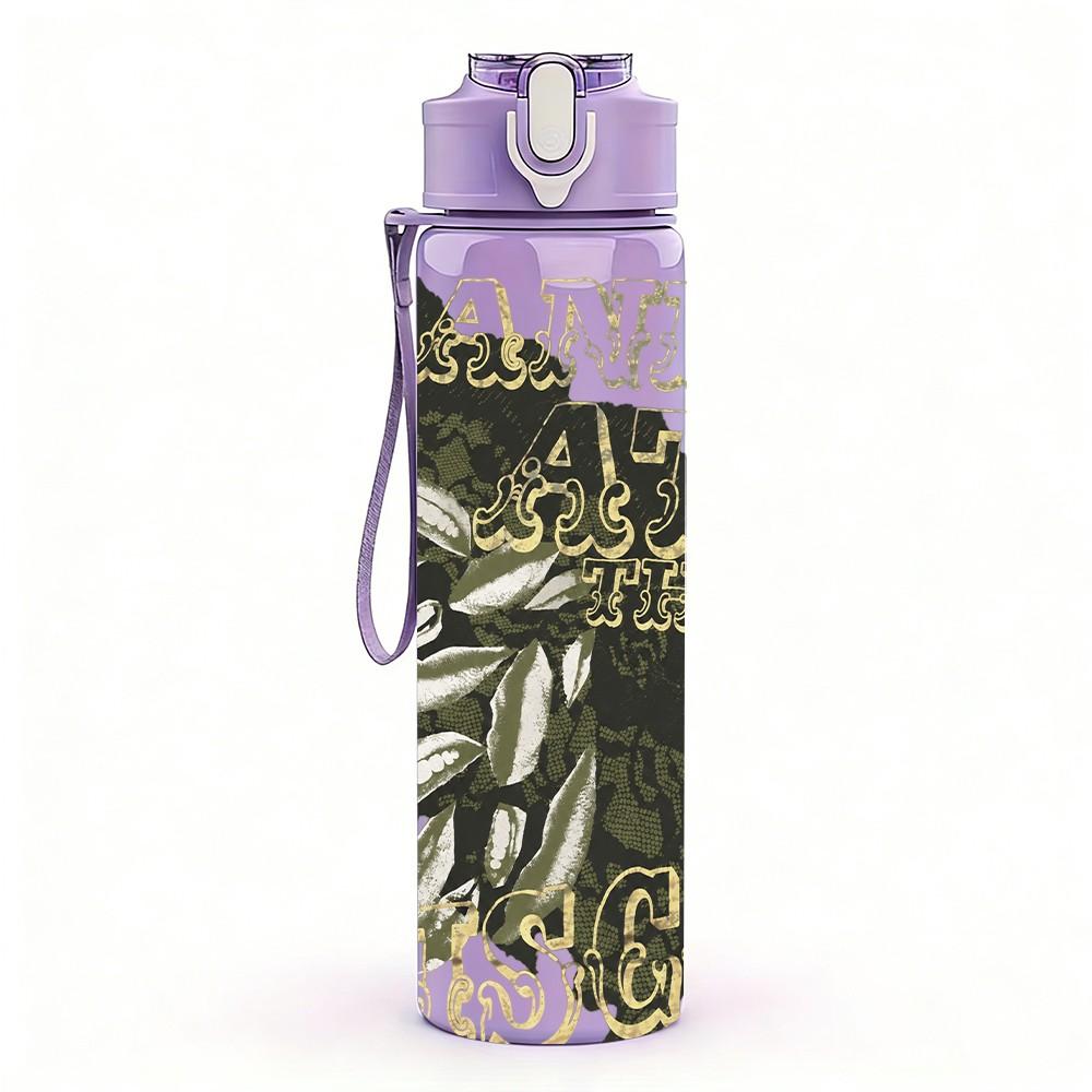 1PC Black Complex Pattern 750ml Sports Water Bottle Leakproof Straw Lid Outdoor Office Home
