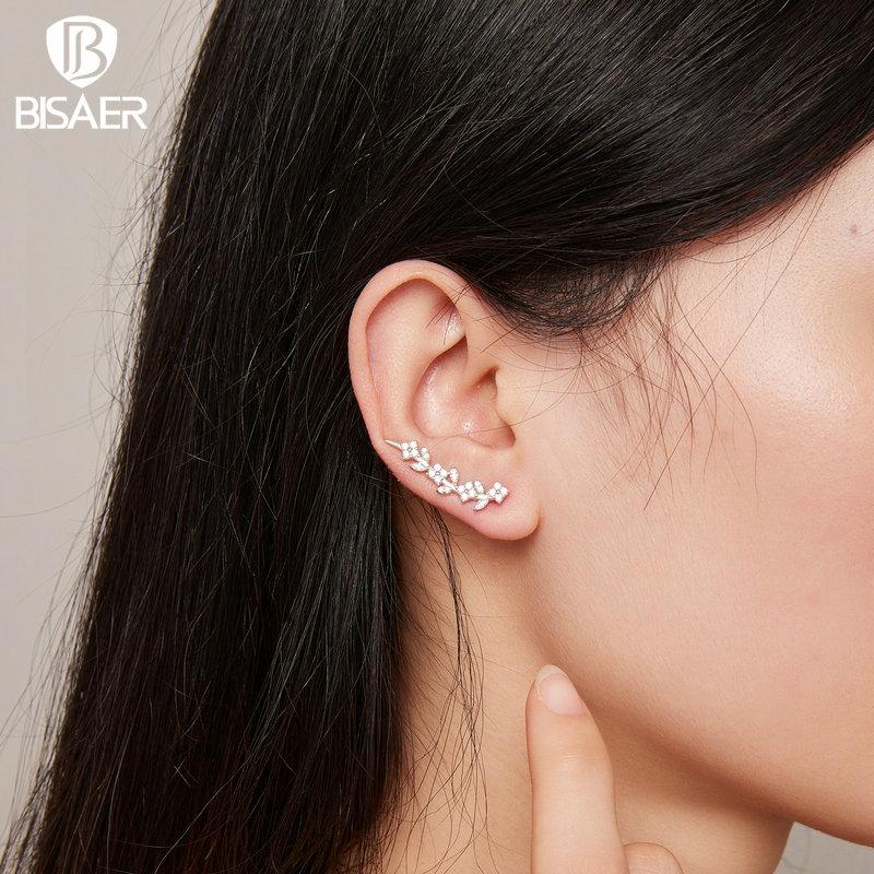 Bisaer Authentic 925 Sterling Silver Flower and Leaves Vine Stud Earrings for Women Original Design Trendy Fine Jewelry Gift