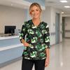 Women's Halloween Print V Neck Medical Scrub Top with Pockets Side Slits and Three Quarter Sleeves Suitable for Healthcare Professionals