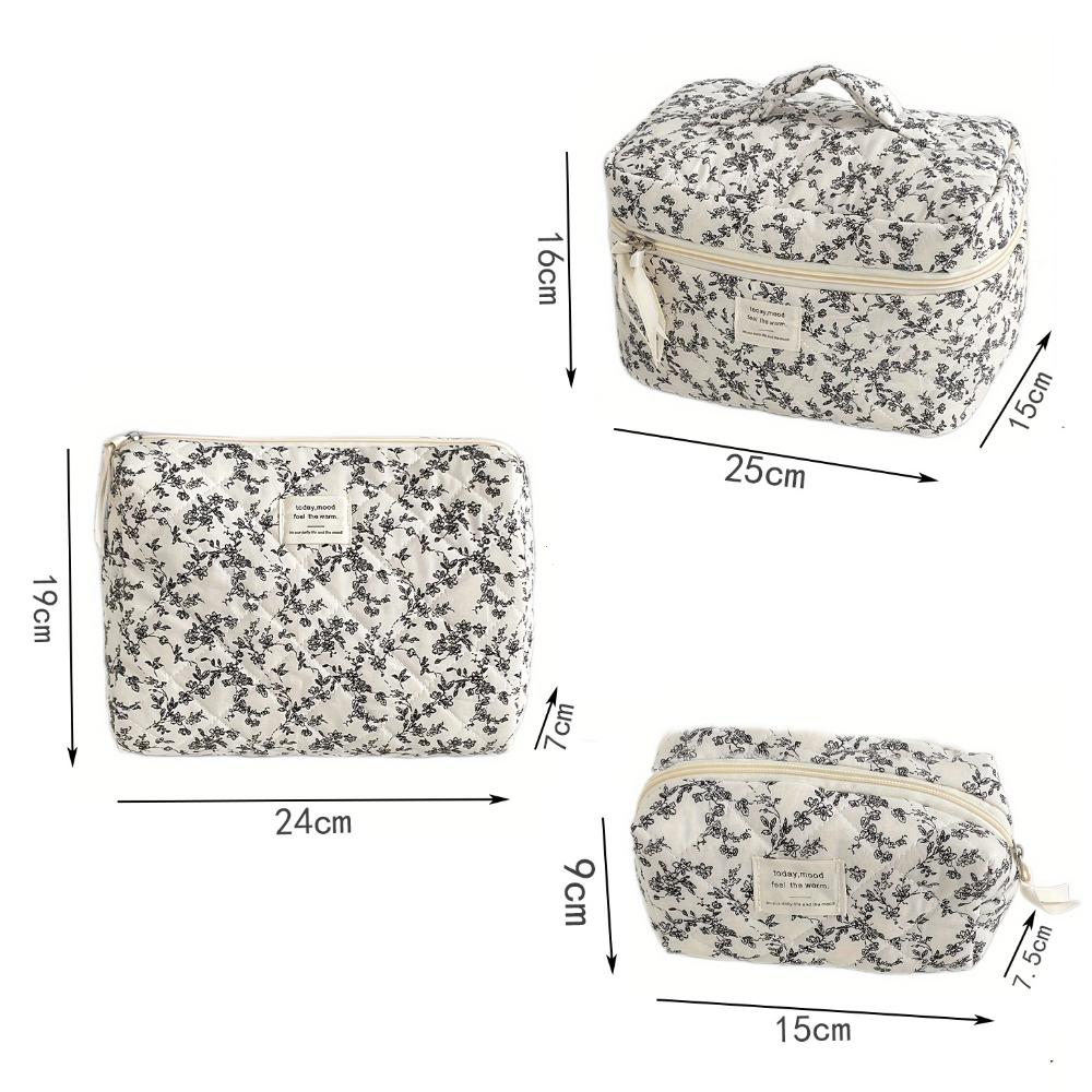 Mode Ins Zwarte Bloemen Dames Gewatteerde Tassen Handtas Reisorganizer Cosmetische Make-up Opbergtas Draagbare Ritssluiting Tote Bag