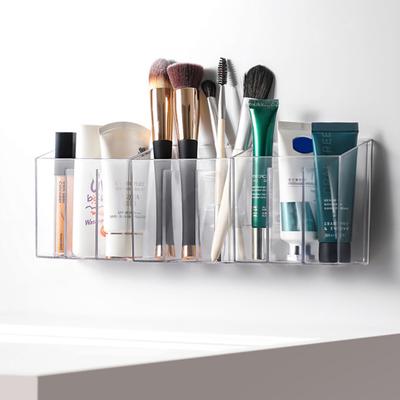 Make-up-Pinselhalter, transparente Aufbewahrungsbox zur Wandmontage mit Klebehaken, unterteilter Kosmetik-Organizer für Badezimmer und Schlafzimmer
