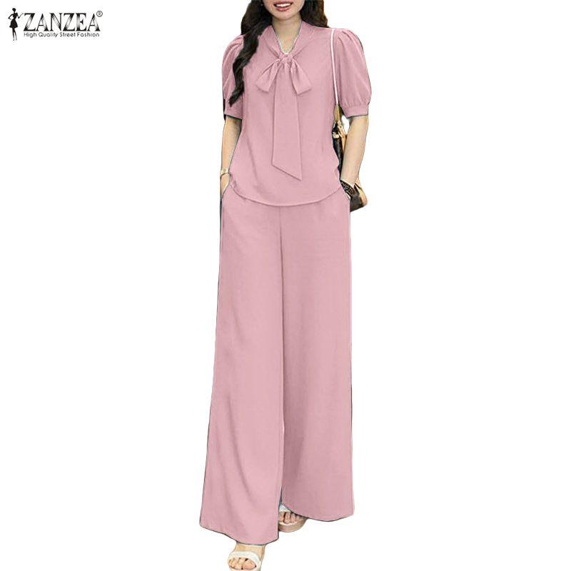 ZANZEA Women Short Sleeve Blouse and Pants Casual Two Piece Suit Sets
