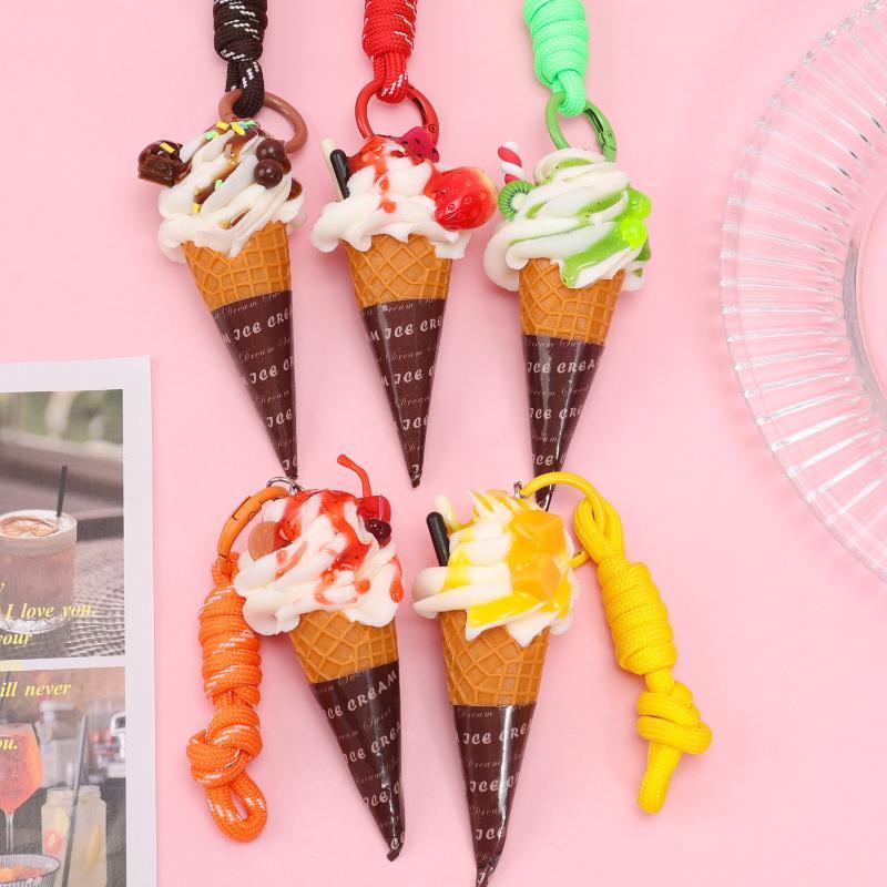 Simulation Ice Cream Cone Keychain Braided Lanyard Realistic Design Backpack Pendant Gift For Girls