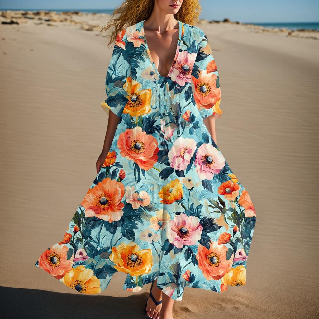 Women's Summer Fashion V-neck Retro Floral Print Short Sleeved Beach Dress With Lace Patchwork Dress