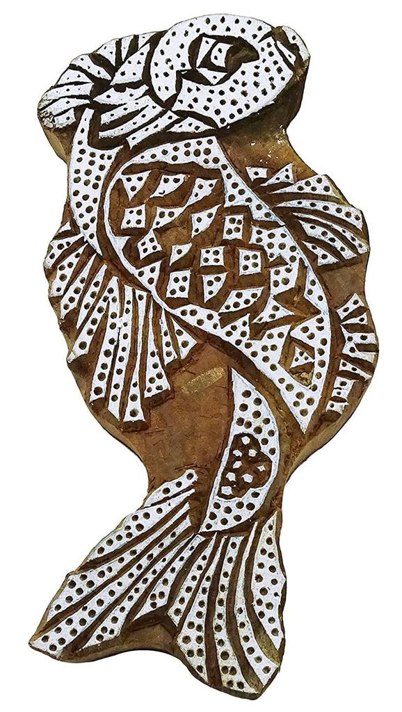Indian Wooden Brown Stamps Decorative Textile Wood Fish Printing Block Stamp
