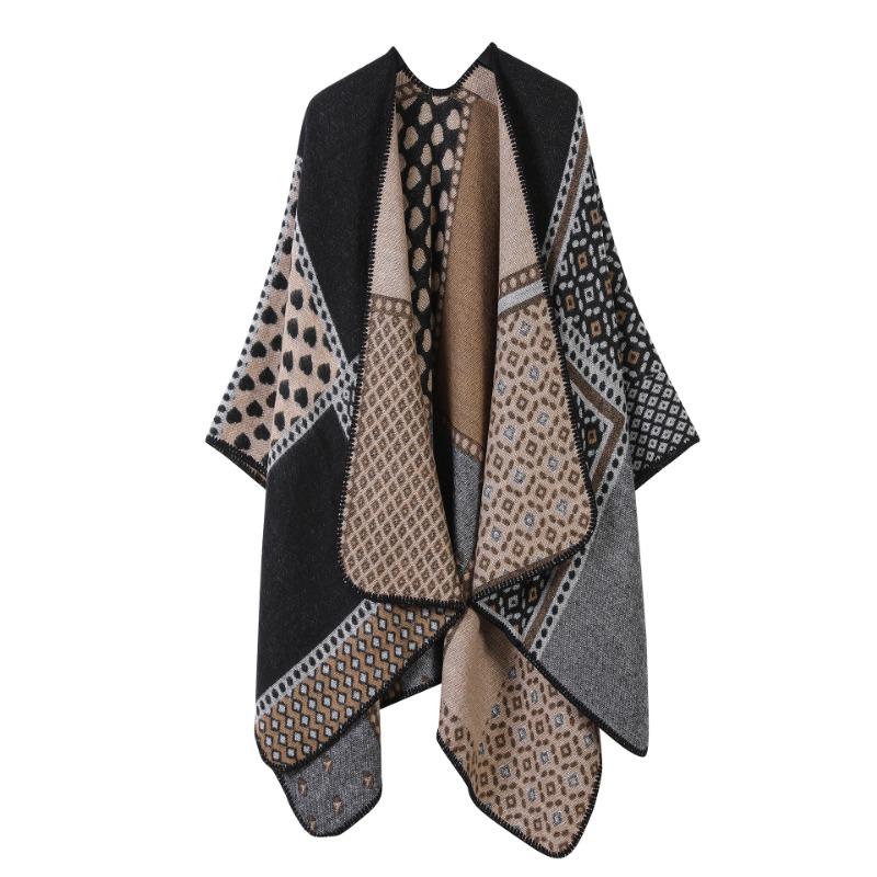 Vintage Geometric Diamond Print Open Front Poncho Cape Thick Knit Travel Blanket Wrap Shawl