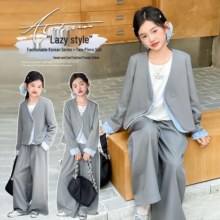 Girls' 2025 Spring Suit Set: Loose Fit Jacket & Long Pants