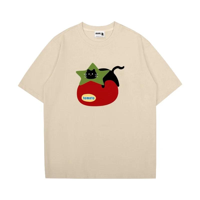 Men's Casual Tomato Cat Pattern Printed 100% Pure Cotton Short-sleeved T-shirt, Cute Kavai Humorous and Comfortable Top