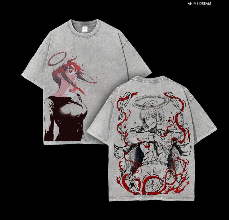 Anime Chainsaw Man Makima Tshirt For Men Women Clothing Vintage Washed Oversized T Shirt Pure Cotton  ONeck Tee Streetwear