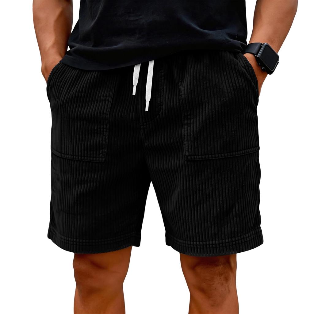 Men Corduroy Shorts with Drawstring Waist Relaxed Fit Casual Shorts with Side Pockets and Elastic Waistband