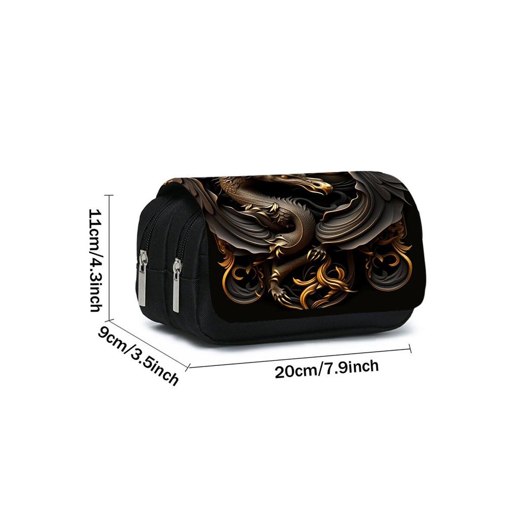 Metal Dragon Pattern Double Flip Fabric Pen Case Boy/Girls Best Gift 2D Flat Pencil Pouch School Office Use Children
