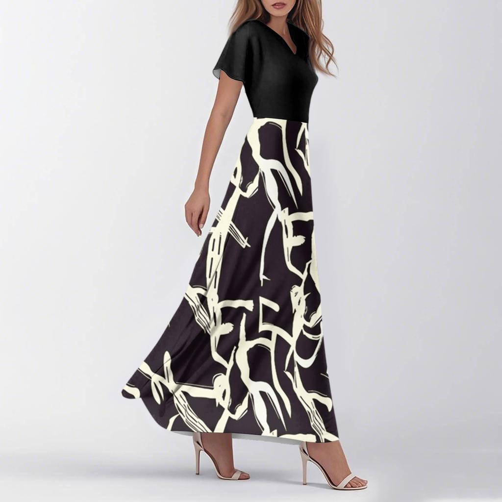 Women's Summer Casual Fashion Floral Print Dress V Neck Short Sleeve Dress