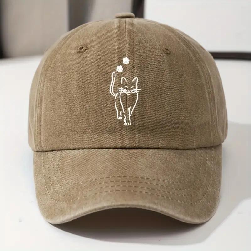 Cute Walking Cat Graphic Denim Cap Vintage Washed Polyester Casual Outdoor Adjustable Hat