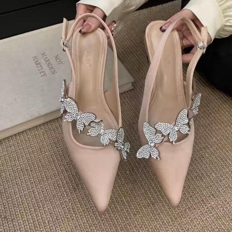 Crystal Butterfly Women Heeled Sandals Sexy Pointed Toe High Heels Shoes Designer 2025 Summer New Slipper Luxury Pumps Sandalias