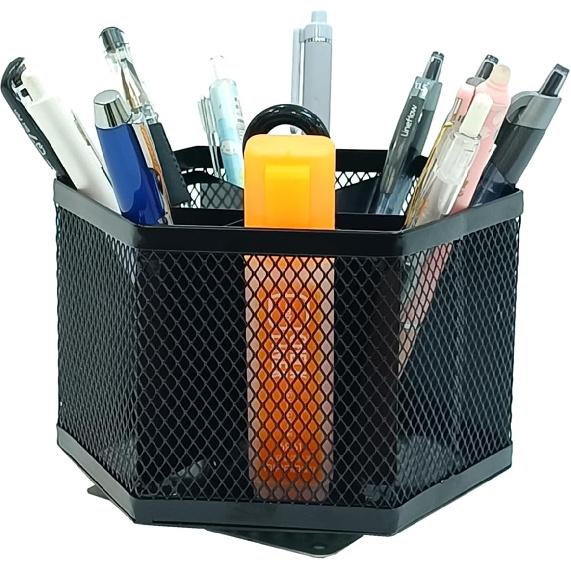 SETTFRFE Hexagon 360° Rotating Pen Organizer for Desk,6 Compartments Mesh Pencil Holder,Desktop Caddy Organizer,Black. Rotatable Pen Holder