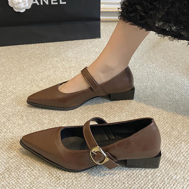 

Остроносые туфли-лодочки женские весенне-осенние на толстом каблуке из мягкой кожи с туфлями Мэри Джейн 2025 новые универсальные черные туфли на высоком каблуке 40 коричневый