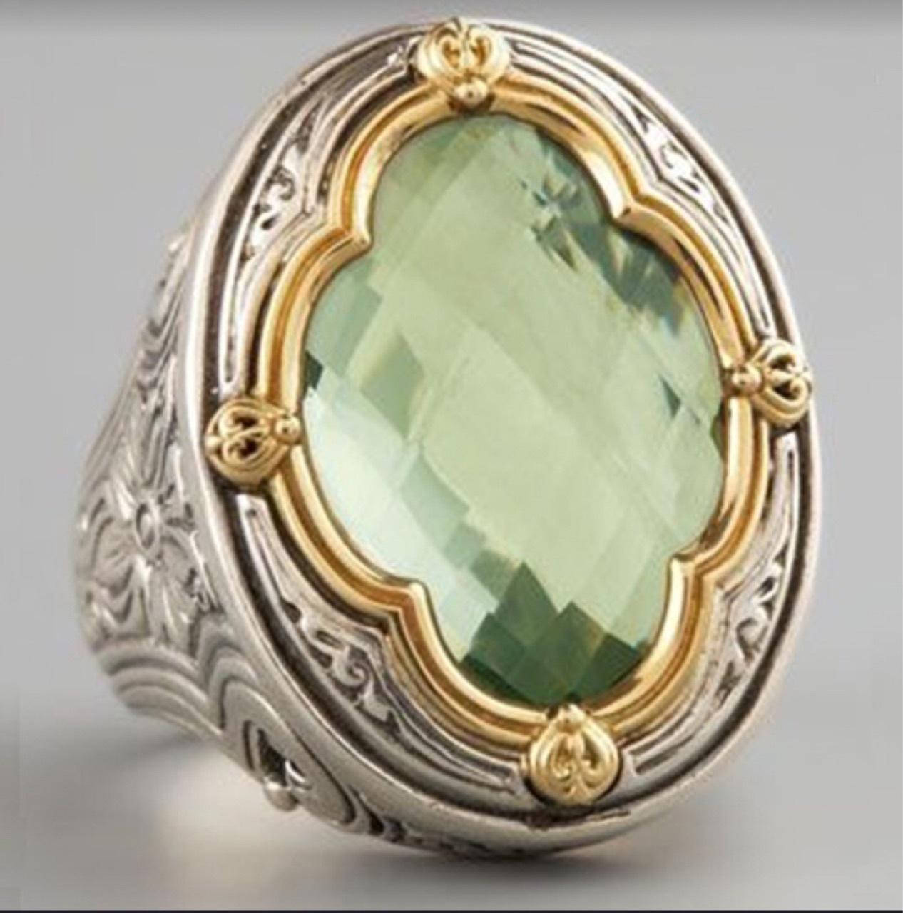 Retro Two-Tone Green Oval Ring - European  American Fashion Jewelry Size 10