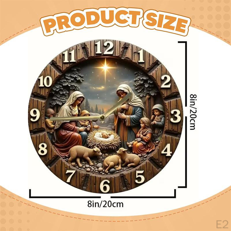 Nativity Scene Wall Clock Arabic Numerals Decorative Religious Easy Read Wood Birth of Jesus