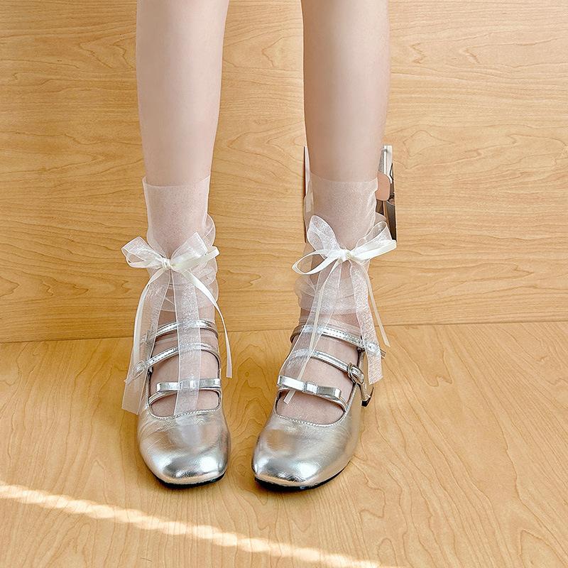 Ballet-style Socks for Women In Summer, Ultra-thin Mesh Sheer Transparent Crystal Mid-calf Socks with Ribbons and Bows, Sweet Stack Socks Jk