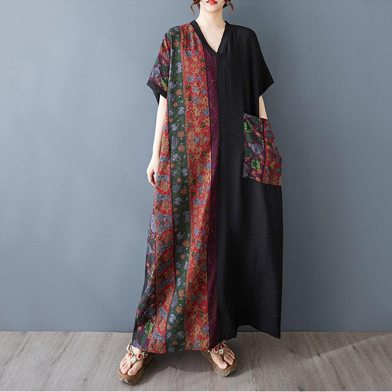 Letní tenké bavlněné a lněné tištěné šaty s výstřihem do V Dámské kontrastní prošívání Dlouhá sukně