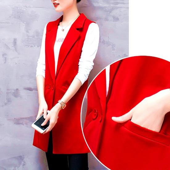 Women Long Suit Coat Sleeveless Mid Length Single Button Sleeveless Thin Pocket Cardigan Lapel Formal OL Commute Style Lady Jacket