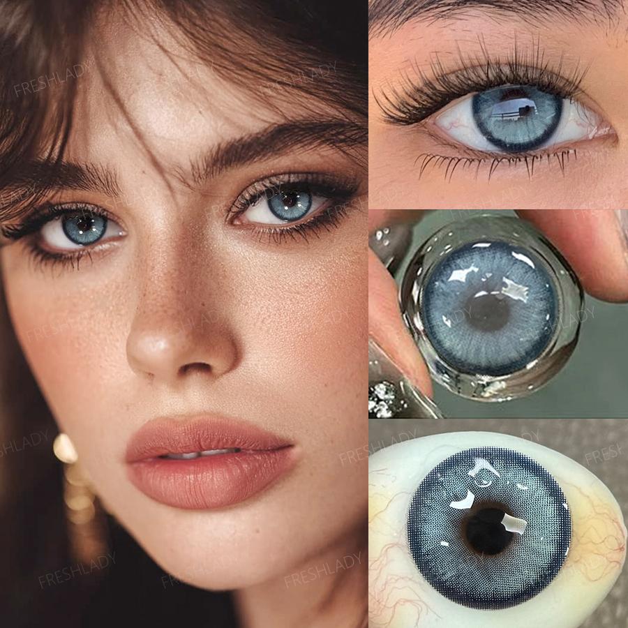FreshLady 1 Pair 2pc 14.2mm Yearly Disposable Colored Contact Lenses, 40% Water, Brown/Green/Blue/Gray, Soft & Breathable for Daily Wear