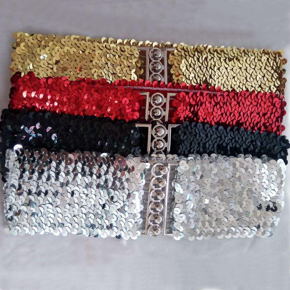 Women Stretch Belly Sequin Belt Waistband Wide Buckle