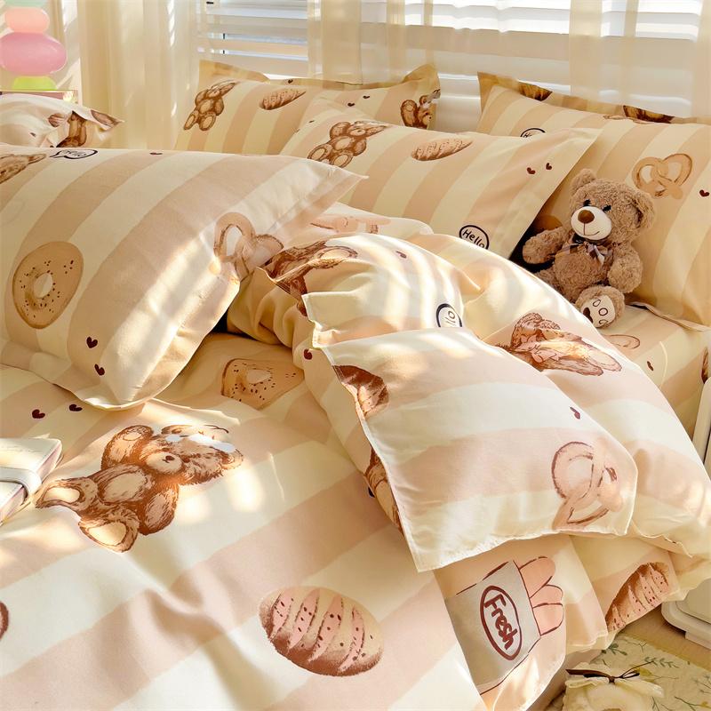 Cute Bear Bedding Set No Filler Ins Korean Style Khaki Brown Striped Comforter Covers Queen Size Kids Adult Soft Thick Bedding