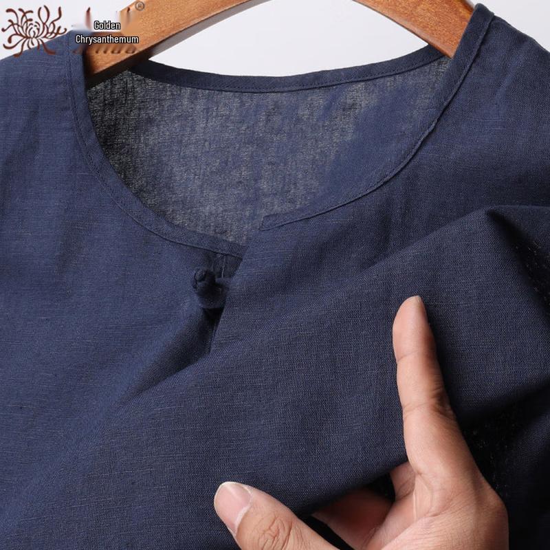 Men's Summer Cotton Linen Blend Round Neck T-Shirt