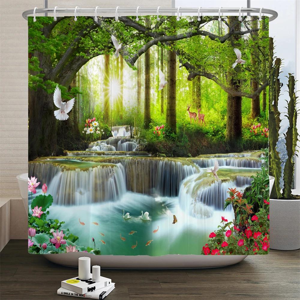 Wald Naturlandschaft Duschvorhänge Hochwertiger wasserdichter Duschvorhang Baumlandschaft Badezimmervorhang Polyesterstoff