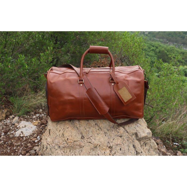 

Full Grain Leather Duffle Bag: Brown Weekender Travel Holdall 22 x 11 x 11 in