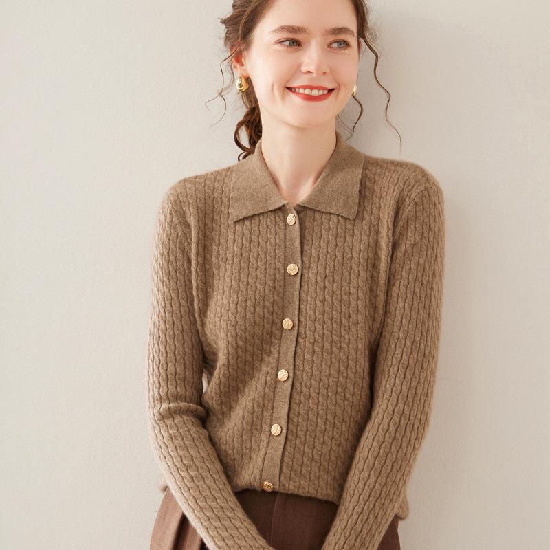 Women's Twist Pattern Polo Collar Wool Cardigan - Autumn/Winter Slim Fit Cashmere Knit Sweater