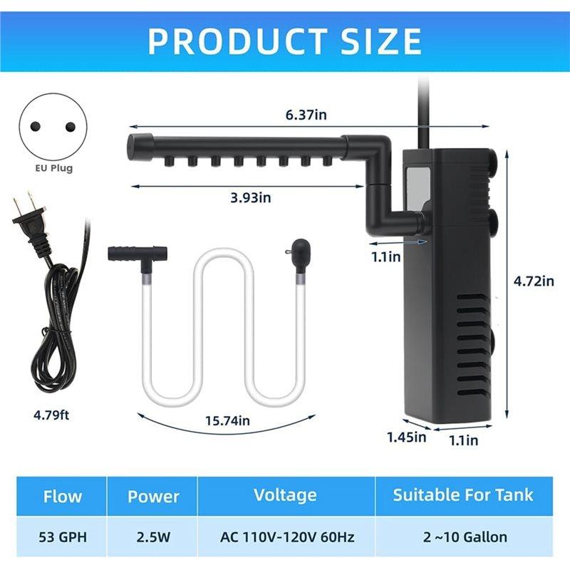 ABBP-Submersible Internal Aquarium Filter, Multi-Function Powerful Pump For 2-10 Gallon Fish Tanks, 53 GPH 2.5W EU Plug