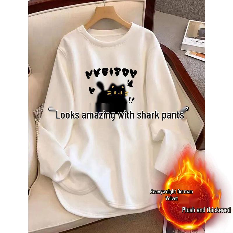 Velvet White Fleece-Lined Oversized Slit Long Sleeve Top for Women